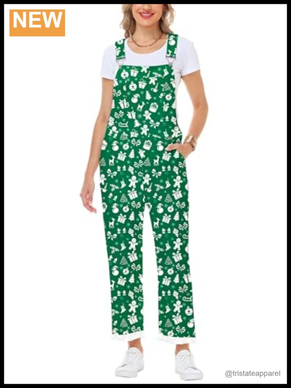 Christmas Bib Overalls Stretch Denim Adjustable Straps Straight Leg Jumpsuit